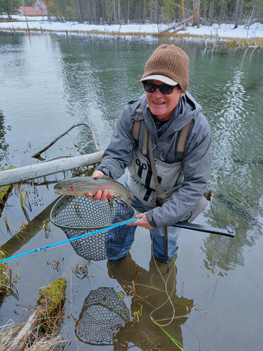 fly fisherman, catching, rainbow trout, Fall River, Oregon